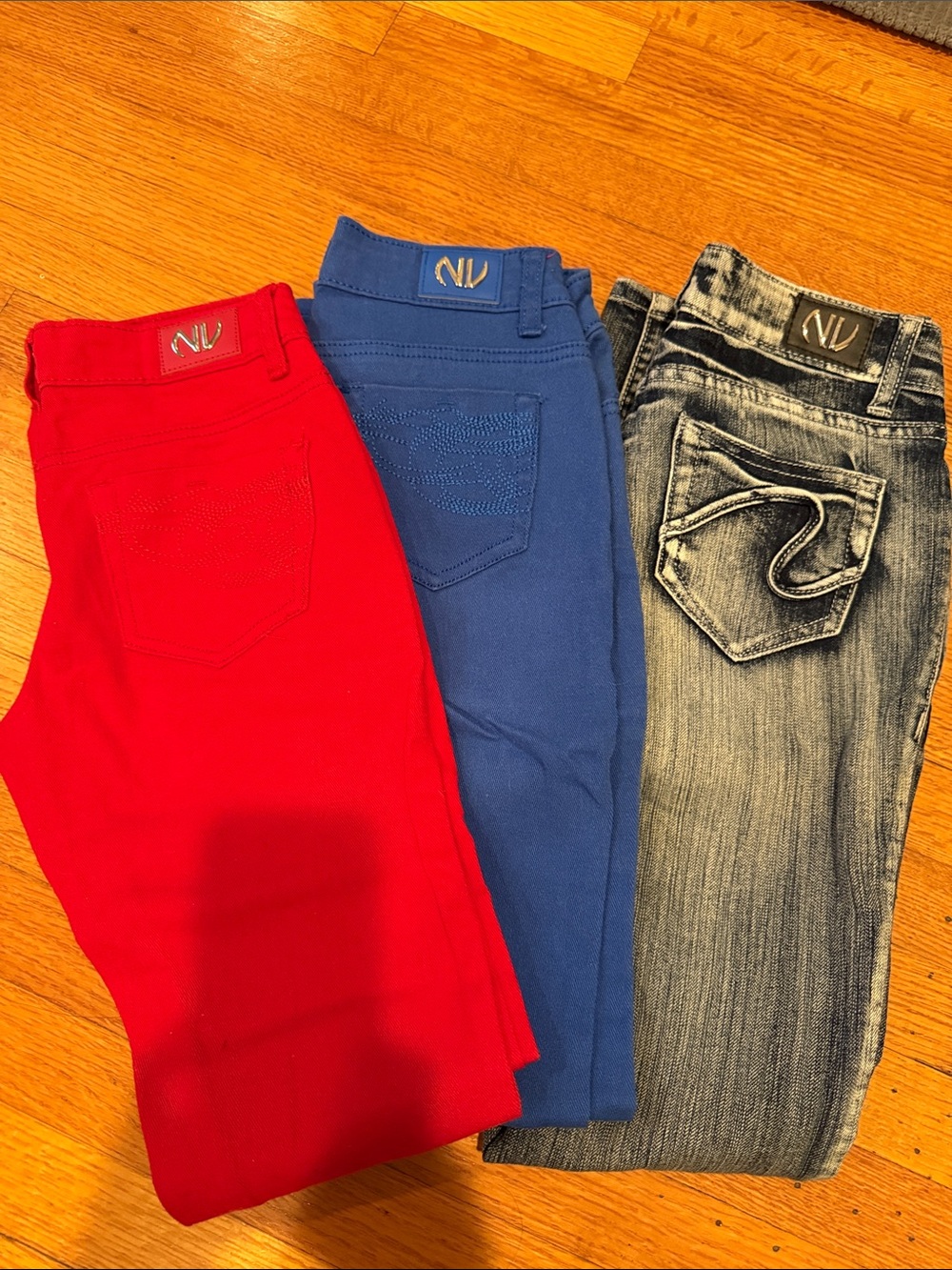 NV Women’s Skinny Jeans in Red, Blue, and Washed Gray